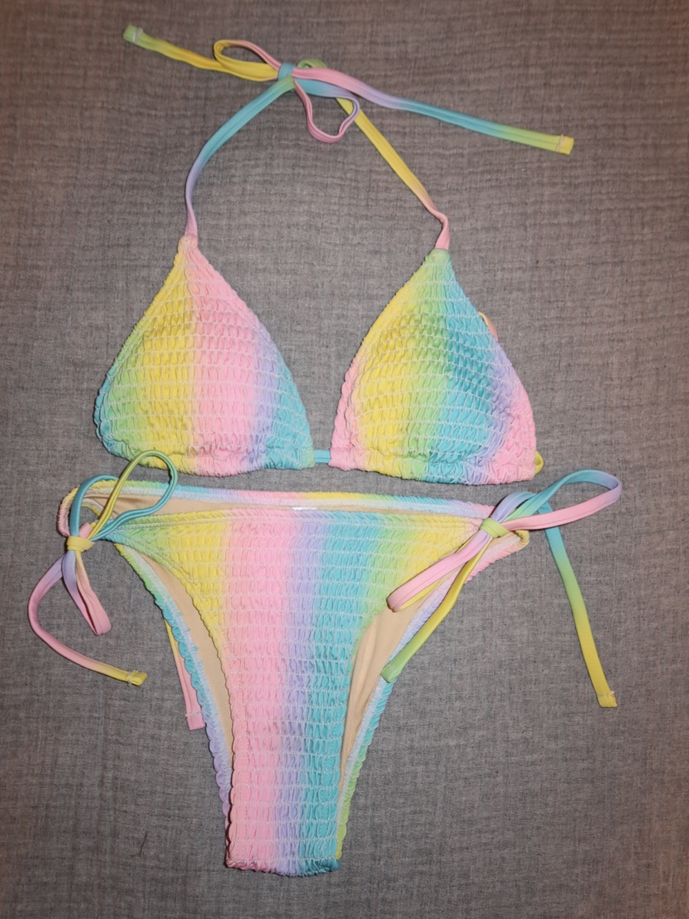 Pink Lily Pastel Rainbow Smocked Triangle Bikini - Pink, Yellow, Blue, Green